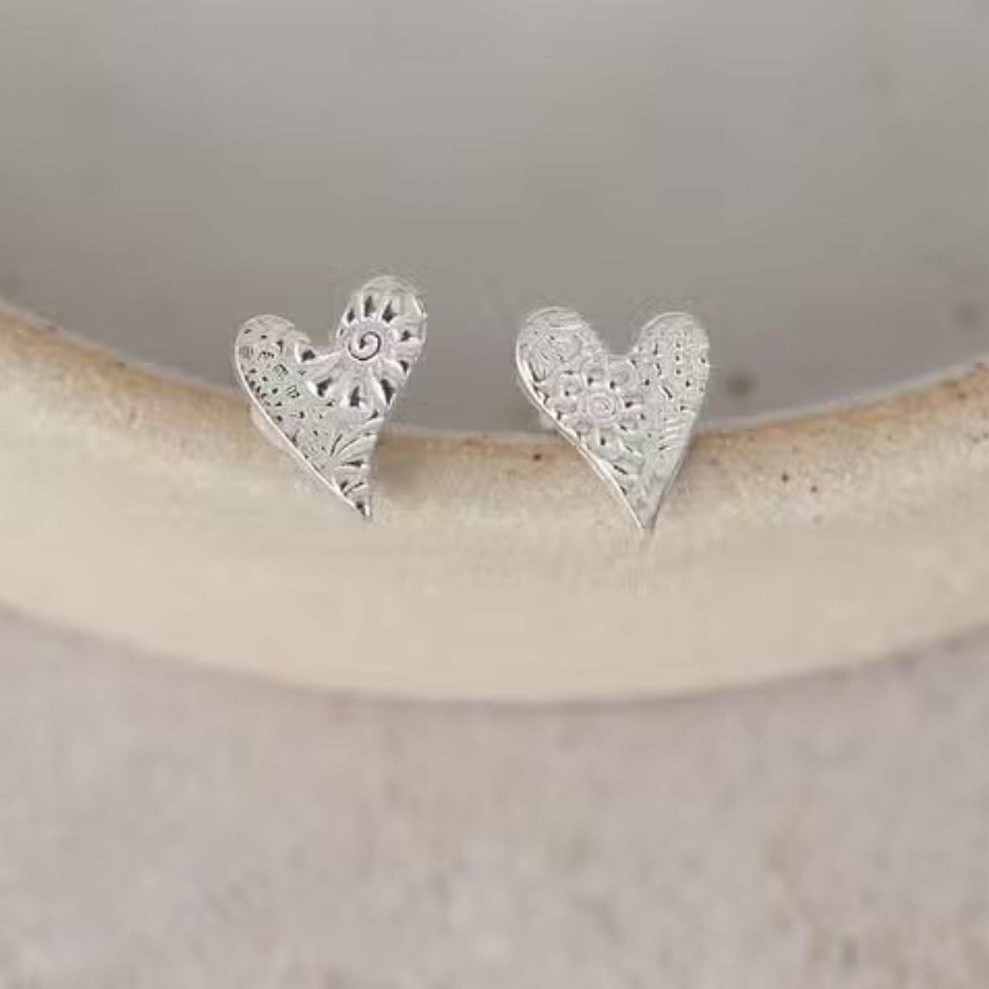 Sterling Silver Textured Tilted Heart Studs - The Little Jewellery Company