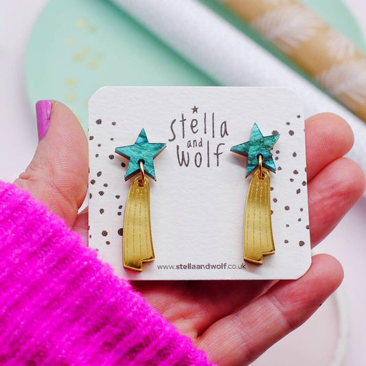 Teal and Gold Shooting Star Drop Earrings - The Little Jewellery Company