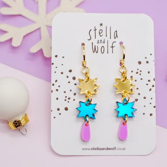 Teal, Gold and Pink Multi Drop Star Hoops - The Little Jewellery Company
