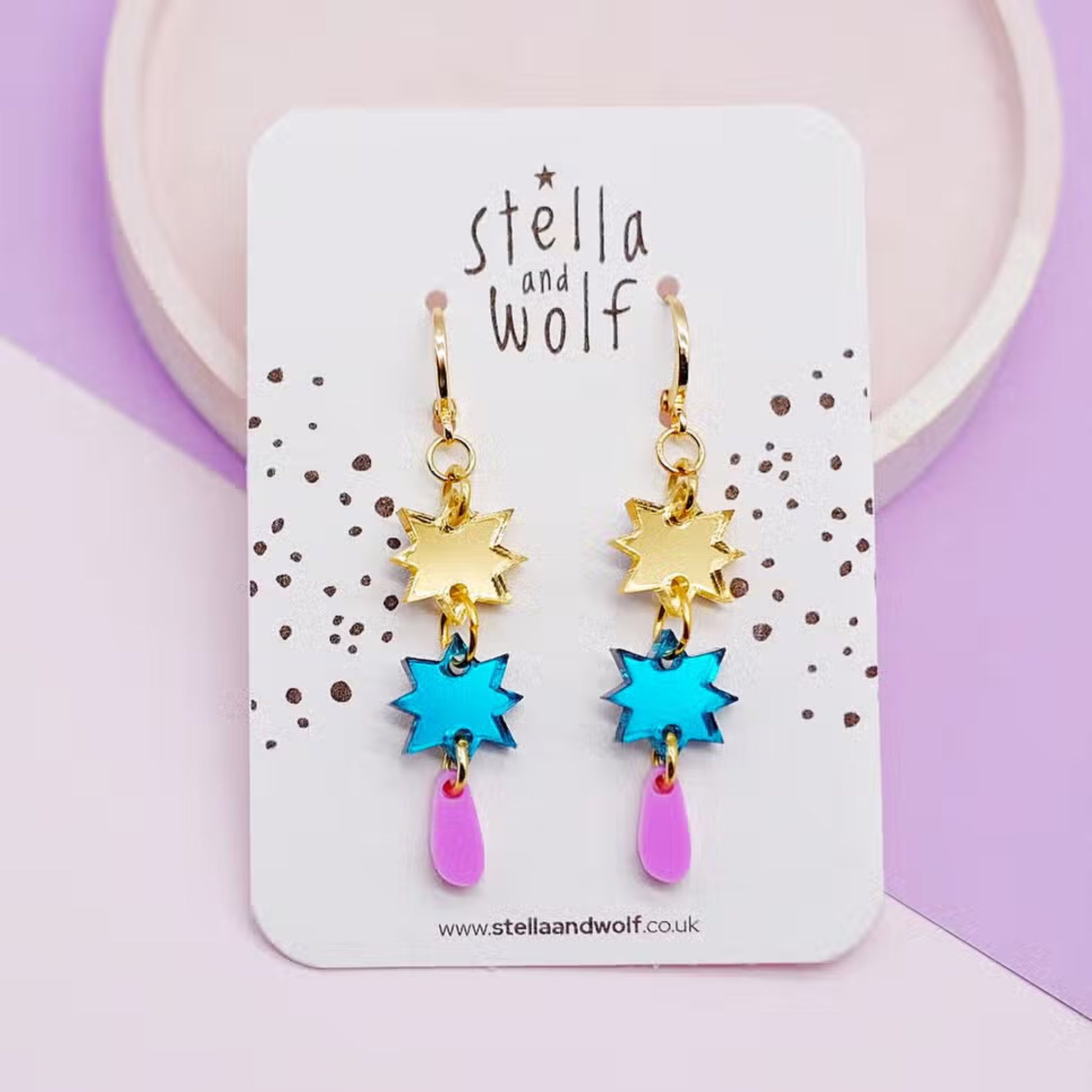 Teal, Gold and Pink Multi Drop Star Hoops - The Little Jewellery Company