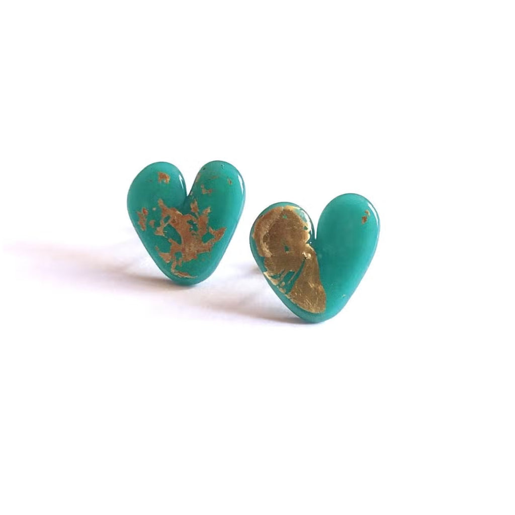 Teal Gold Handmade Glass Heart Stud Earrings - The Little Jewellery Company