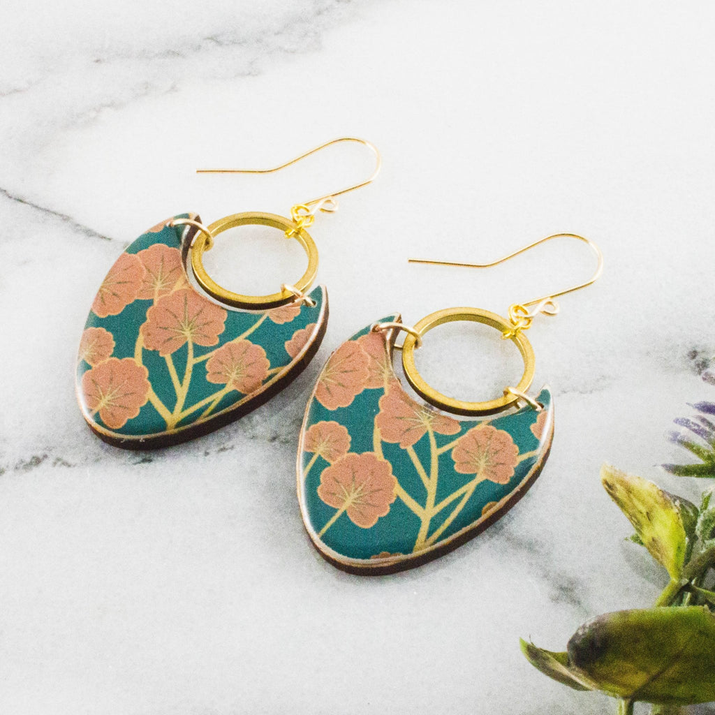 Teal + Pink Floral Brass Ring Statement Earrings - The Little Jewellery Company