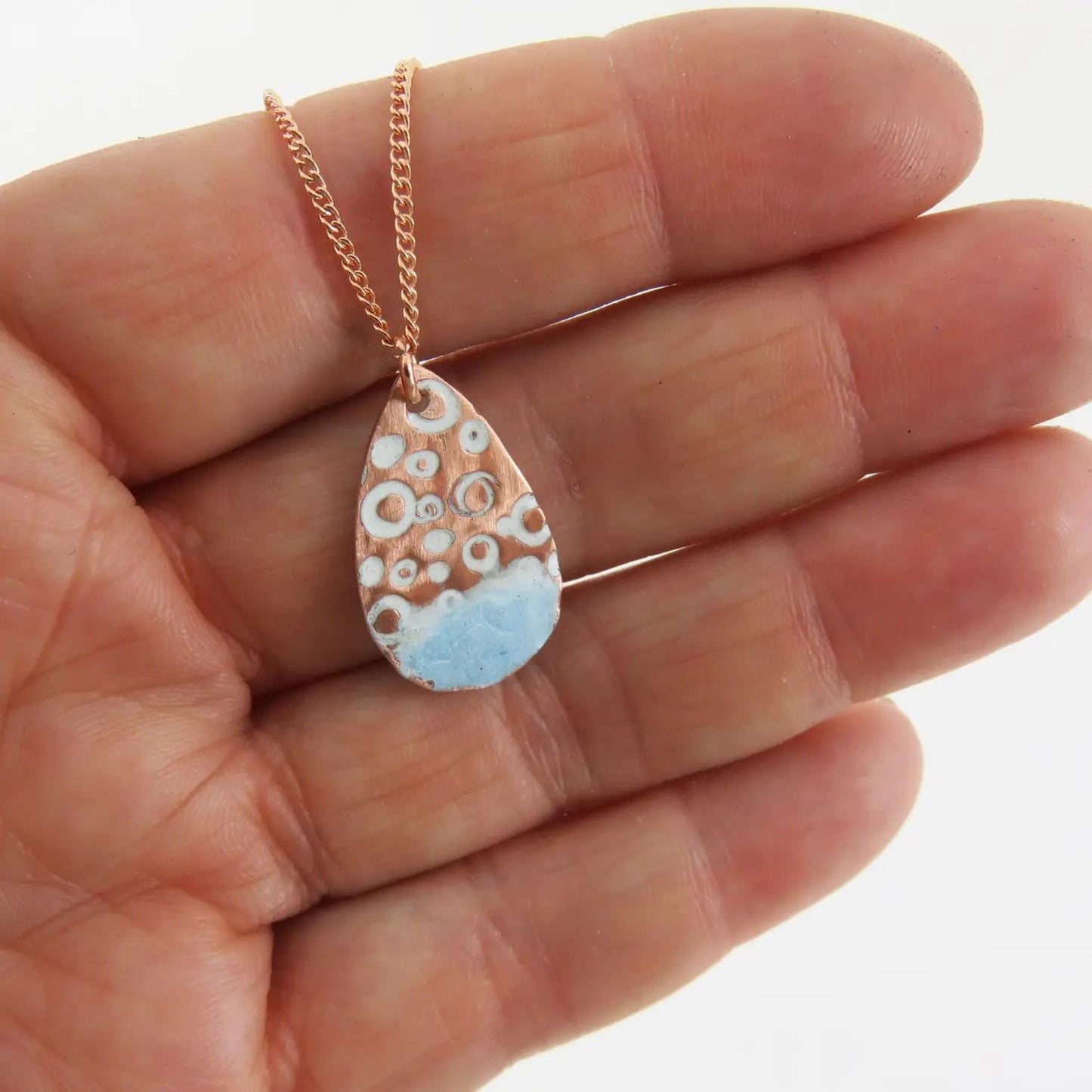 Textured Copper Teardrop Pendant with Blue and White Enamel - The Little Jewellery Company