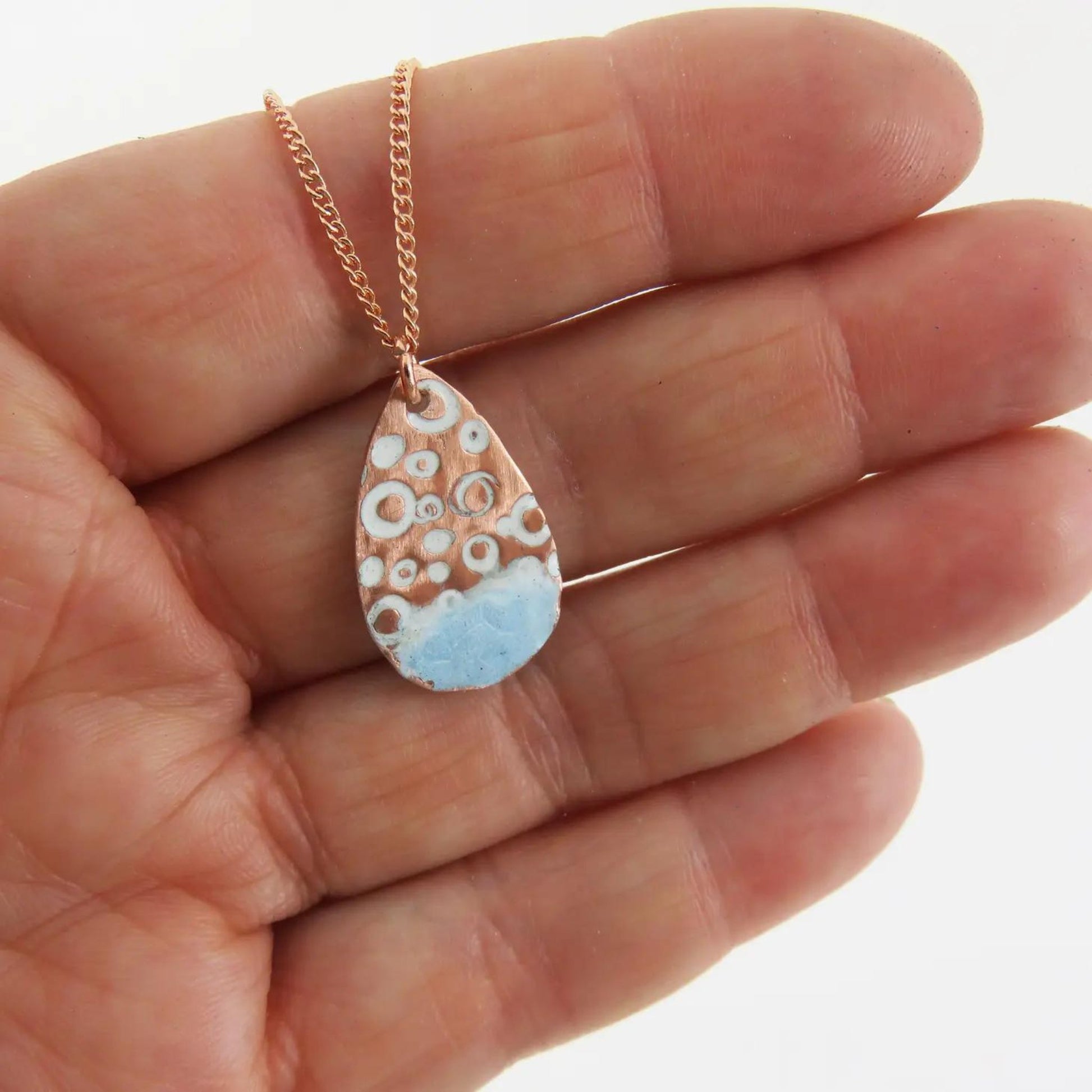 Textured Copper Teardrop Pendant with Blue and White Enamel - The Little Jewellery Company