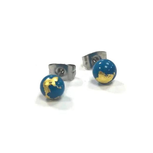 Turquoise and Gold Handmade Glass Studs - The Little Jewellery Company