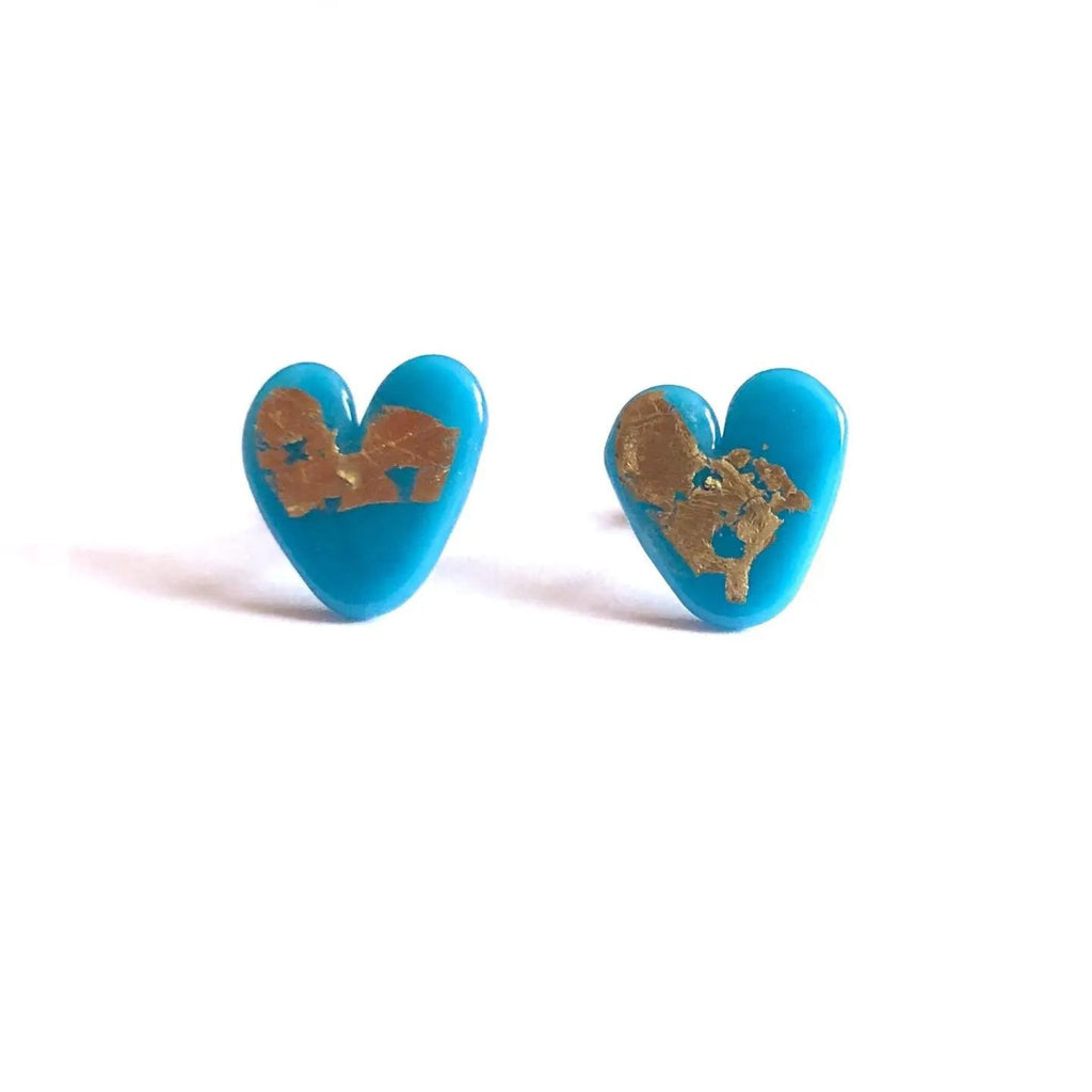 Turquoise Gold Handmade Glass Heart Stud Earrings - The Little Jewellery Company