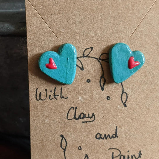 Turquoise Heart Studs With Small Red Heart - The Little Jewellery Company
