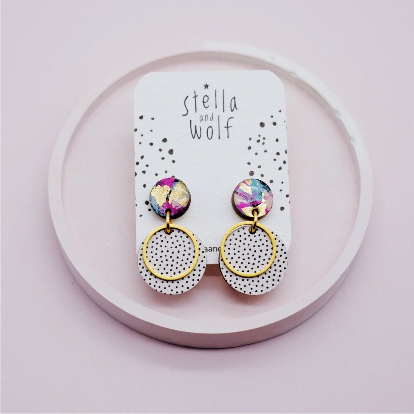 White and Black Polka Dot Drop Earrings With Galaxy Print - The Little Jewellery Company