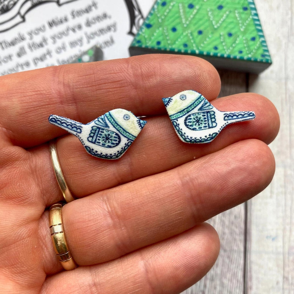 White and Blue Bird Studs - The Little Jewellery Company