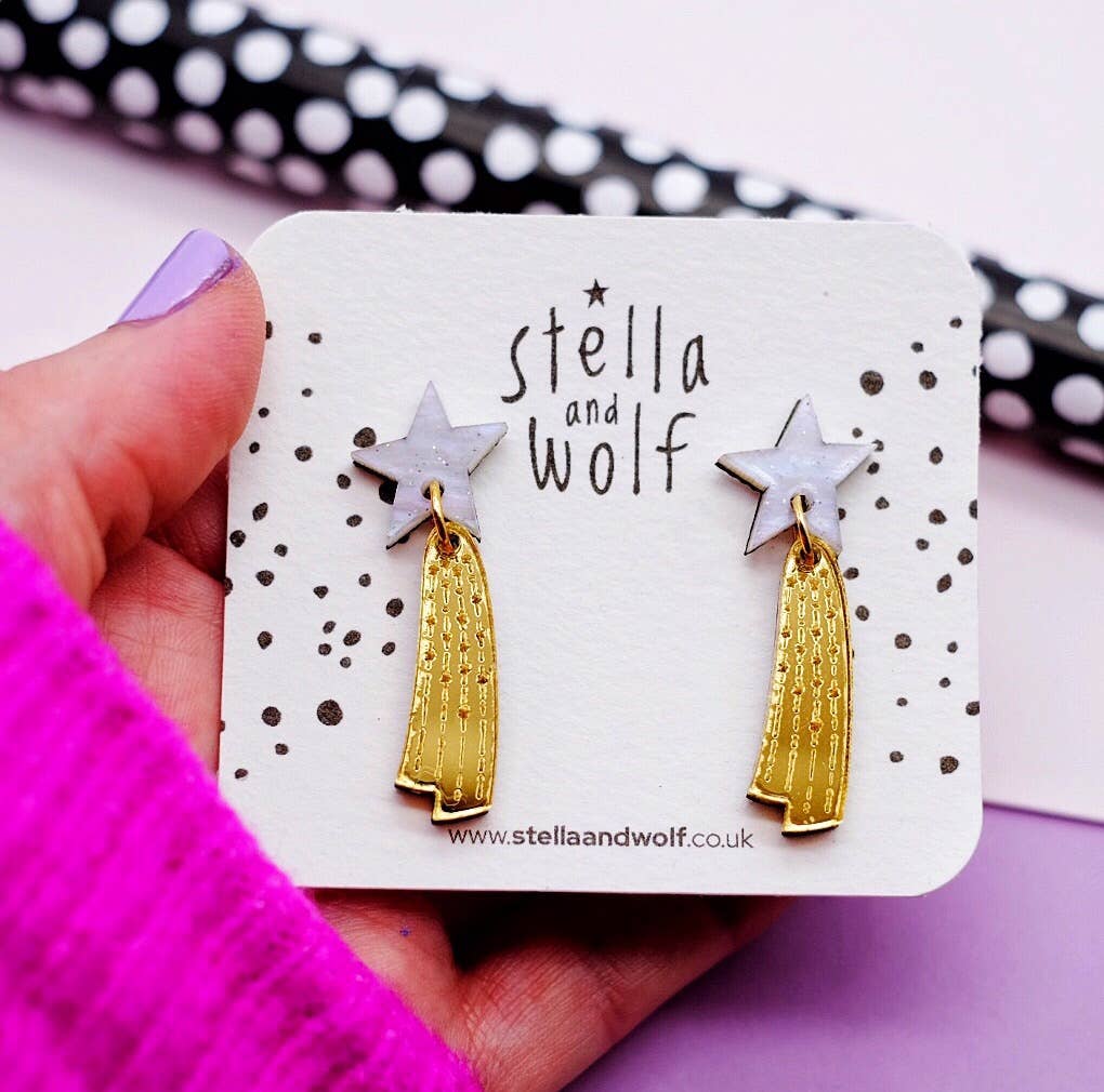 White and Gold Shooting Star Earrings - The Little Jewellery Company