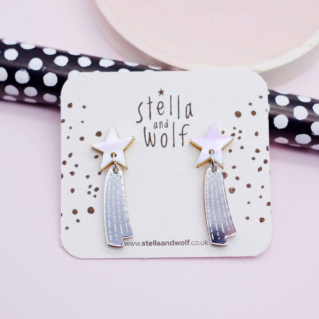 White and Silver Shooting Star Earrings - The Little Jewellery Company