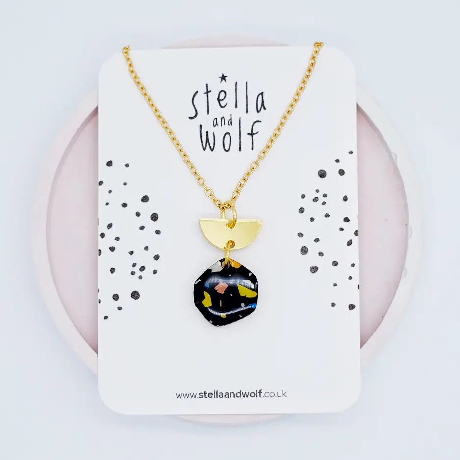 Wooden and Acrylic Terrazzo Necklace - Black - The Little Jewellery Company