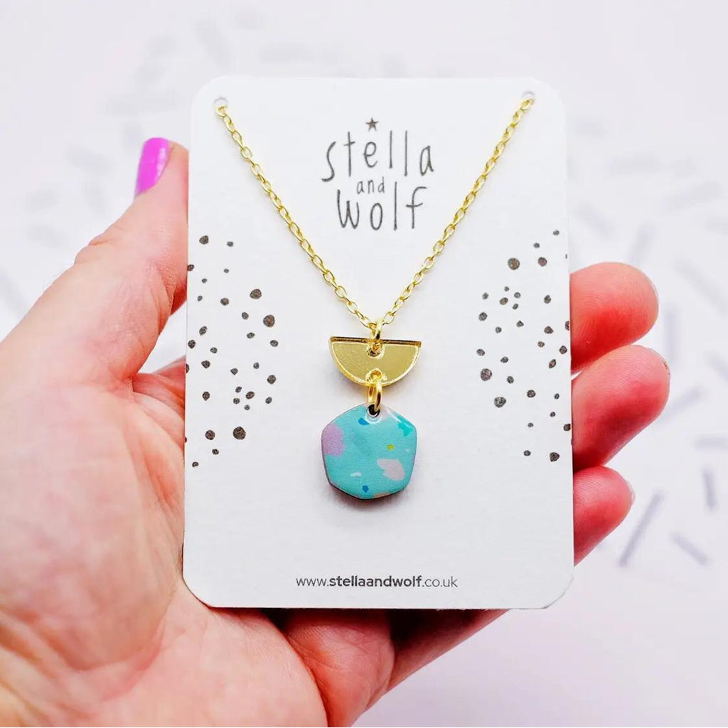 Wooden and Acrylic Terrazzo Necklace - Blue - The Little Jewellery Company